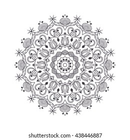 Hand drawn flower mandala for coloring book. Black and white ethnic henna pattern. Indian, asian, arabic, islamic, ottoman, moroccan motif. Vector illustration.