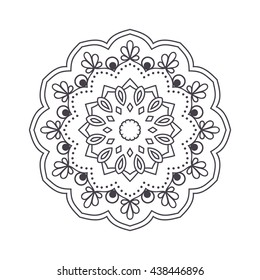 Hand drawn flower mandala for coloring book. Black and white ethnic henna pattern. Indian, asian, arabic, islamic, ottoman, moroccan motif. Vector illustration.