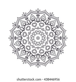 Hand drawn flower mandala for coloring book. Black and white ethnic henna pattern. Indian, asian, arabic, islamic, ottoman, moroccan motif. Vector illustration.