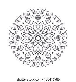 Hand drawn flower mandala for coloring book. Black and white ethnic henna pattern. Indian, asian, arabic, islamic, ottoman, moroccan motif. Vector illustration.