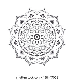 Hand drawn flower mandala for coloring book. Black and white ethnic henna pattern. Indian, asian, arabic, islamic, ottoman, moroccan motif. Vector illustration.