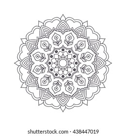 Hand drawn flower mandala for coloring book. Black and white ethnic henna pattern. Indian, asian, arabic, islamic, ottoman, moroccan motif. Vector illustration.