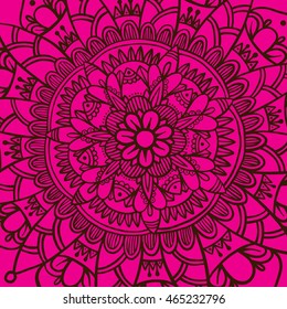 Hand drawn flower mandala, decorative round ornament. Henna design, mehndi element. Yoga logo, background for meditation poster. Oriental floral vector. Anti-stress therapy pattern.