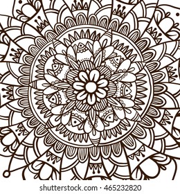Hand drawn flower mandala, decorative round ornament. Henna design, mehndi element. Yoga logo, background for meditation poster. Oriental floral vector. Anti-stress therapy pattern.
