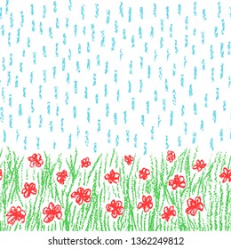 Hand drawn flower meadow background spring or summer. Wax crayon, pencil, pastel chalk green grass with red  blossom flower with rain. Like kid`s drawn vector gardening flowering garden banner. 