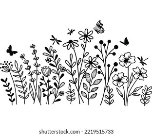 Hand drawn flower meadow Style vector illustration, Flower and leaf herbs isolated on white Background, Invitation, Wedding card, Greeting card, Posster.