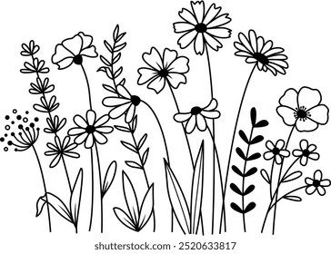 Ilustración vectorial de estilo de prado de flores dibujado a mano, flores y hierbas de hoja aisladas sobre fondo blanco, invitación, tarjeta de Boda, tarjeta de felicitación, póster.