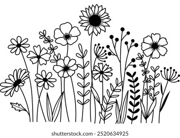 Desenhado à mão flor prado Estilo vetor ilustração, Flores e folhas ervas isoladas no fundo branco, Convite, Cartão de casamento, Cartão de saudação, Pôster.