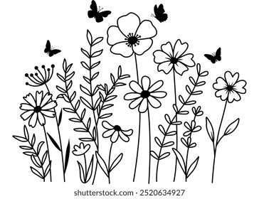 Ilustración vectorial de estilo de prado de flores dibujado a mano, flores y hierbas de hoja aisladas sobre fondo blanco, invitación, tarjeta de Boda, tarjeta de felicitación, póster.