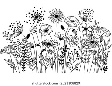 Ilustración vectorial de estilo de prado de flores dibujado a mano, flores y hierbas de hoja aisladas sobre fondo blanco, invitación, tarjeta de Boda, tarjeta de felicitación, póster.