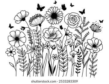 Hand drawn flower meadow Style vector illustration, Wild flower outline drawing, Botanical flowers and leaf herbs isolated on white Background, Invitation, Wedding card, Greeting card, Posster.