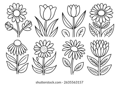 Hand drawn flower meadow Style vector illustration, Wild flower outline drawing, Botanical flowers