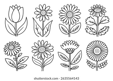 Hand drawn flower meadow Style vector illustration, Wild flower outline drawing, Botanical flowers