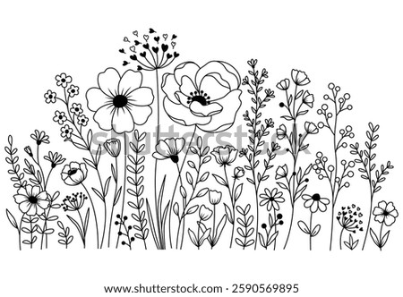 Hand drawn flower meadow Style vector illustration, Wild flower outline drawing, Botanical flowers and leaf herbs isolated on white Background, Invitation, Wedding card, Greeting card, Posster.