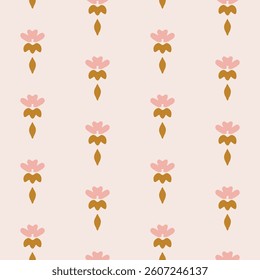 Hand drawn flower motif forming a minimalist subtle splendor floral stripes pattern in colors of brown and on cream background. Seamless vector pattern. Great for homedecor, fabric, wallpaper, gifting