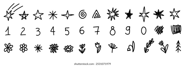 Hand drawn flower number, numeral, stars doodle cute sketch grunge collection elements. Underline highlight text decoration.