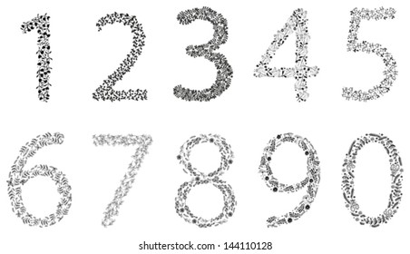Hand Drawn Flower Numbers, from one to zero, elements for wedding, stationary, branding. Easy to edit and change colors.