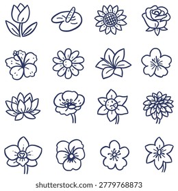 Hand drawn flower outline icon set
