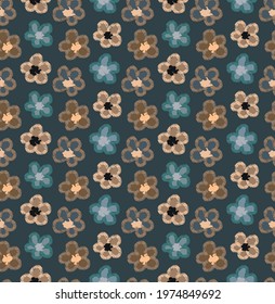 Hand drawn flower pattern. Blue and beige blossom design. Decorative background for textile, paper and other prints.