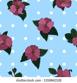 Hand drawn flower pattern. Dog roses on blue dottet background. Vector illustration. For greeting card, invitation, paper, fabric, banner, wrapping paper.