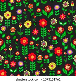 Hand drawn flower pattern, doodle style imitation. Decorative beautiful floral texture with flowers and leaves on black background
