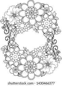 Hand drawn Flower pattern. Doodle floral frame with place for text, coloring book or background decorative. Relaxation for adults and kids. Vector Illustration.