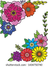 Hand drawn flower pattern. Doodle floral frame with place for text, greeting card, coloring book or background decorative. Relaxation for adults and kids. Vector Illustration.