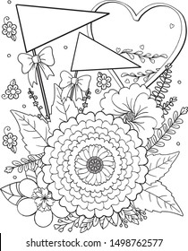 Hand drawn flower pattern. Doodle heart, flag and floral element frame with place for text, coloring book or background decorative. Relaxation for adults and kids. Vector Illustration