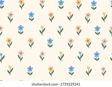 Handgezeichnetes Blumenmuster, florales, nahtloses Muster, stylischer Kacheldruck im Cottagecore, sanfte Wiesenblume auf hellem Hintergrund. Kleine Blume, Design für Mode, Textur, Stoff, Tapete