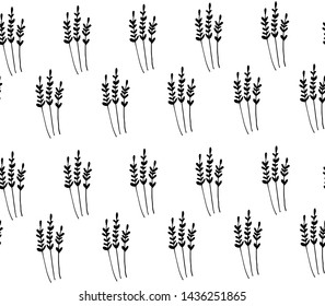 Hand drawn flower pattern. Lavender flower. Vector seamless pattern with hand drawing wild plant,  floral element. Doodle botanical illustration.