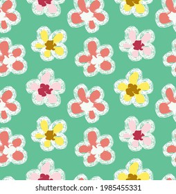 Hand drawn flower pattern. Lovely colorful pastel blossom. Decorative background for textile, paper and other prints.