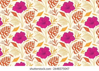 hand drawn flower pattern with minimalist abstract leaf accents in continuous repeat design for fashion fabric, gift wrapping sheets, and table linens

