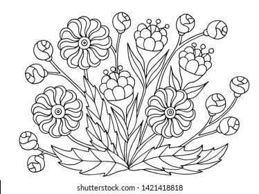 Hand drawn flower patterns, coloring page for children and adults