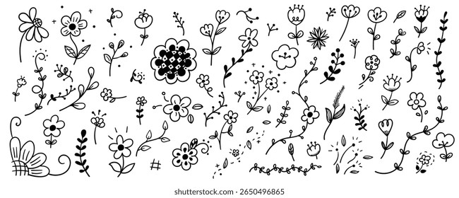 Hand drawn flower and plants element line doodle set. Illustration vector design.