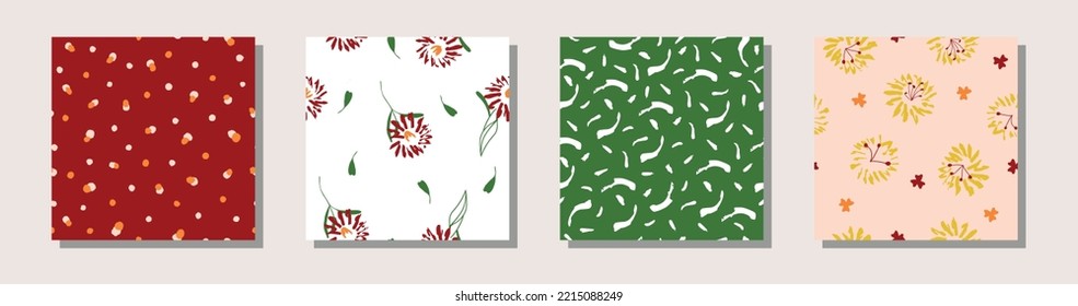 Hand drawn flower, polka dot, splash seamless repeat pattern set. Vector illustration. Pattern collection for print, wallpaper, gift wrap, textile, fashion, packaging.