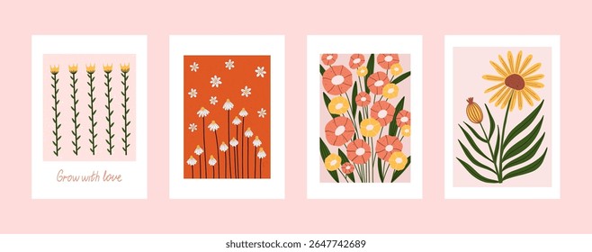 Hand drawn flower poster collection with blooming wildflowers and botanical stems. Minimal and cheerful floral wall art in modern style. Perfect for nursery decor, greeting cards, or surface design.