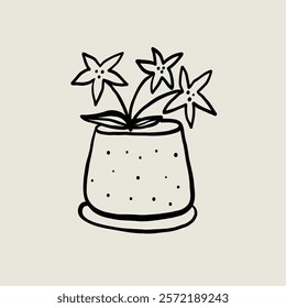 Hand Drawn Flower Pot Ceramic. Flowerpot Sketch Black Line Symbol. Stylized Whimsical Vector Element Decor