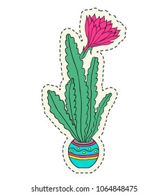 Hand drawn flower in pot on white background.Sticker for laptop sleeves,skins,cases,wallets etc. Vector illustration.