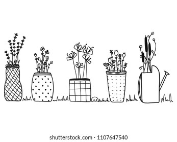 Hand drawn of Flower in the pot wite doodle set design, vector illustration and icon.