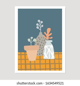 Hand drawn flower pots and vases. Checkered tablecloth background. Modern doodle floral vector illustration, poster. Spring, summer poster, cut out design. Scandinavian interior, home decor. Vector.