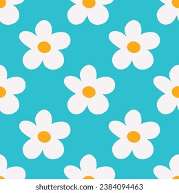 Hand drawn flower repeatable pattern on a blue background. White daisies with a yellow middle. 