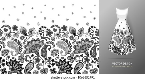 Hand drawn flower seamless pattern. Colorful seamless pattern with floral pattern in eastern style. Vector pattern for textile. Black and white