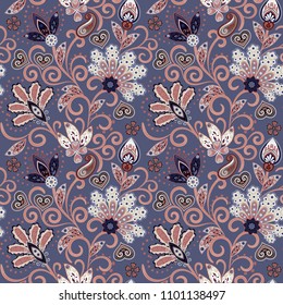 Hand drawn flower seamless pattern. Colorful seamless pattern with pargeting grunge whimsical flowers and paisley. Lilac background. Vector
