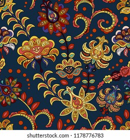 Hand drawn flower seamless pattern. Colorful seamless pattern with fantasy flowers and leaves. Doodle style. Perfect for textile, cover design. Vector. Bright hot colors