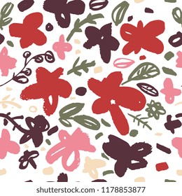 Hand drawn flower seamless pattern. Geometric elements for design. White background.