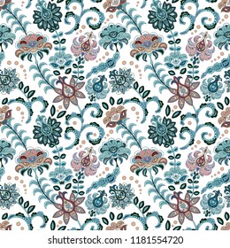 Hand drawn flower seamless pattern. Colorful seamless pattern with fantasy flowers and leaves. Doodle style. Perfect for textile, cover design. Vector. Pastel blue brown.
