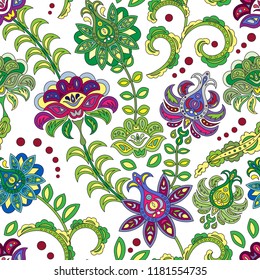 Hand drawn flower seamless pattern. Colorful seamless pattern with fantasy flowers and leaves. Doodle style. Perfect for textile, cover design. Vector. Violet green.