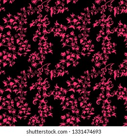 Hand drawn flower seamless pattern. Pink floral backdrop tracery on black background, vector illustration