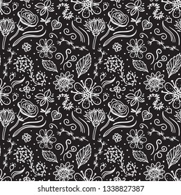 Hand drawn flower seamless pattern on dark background. Monohrome color. Vector abstract surface design. black and white