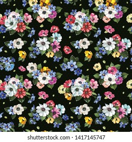 Hand drawn flower seamless pattern. Floral greeting card with beautiful bouquet blossoming spring anemones. Elegant illustration for print or background in watercolor style